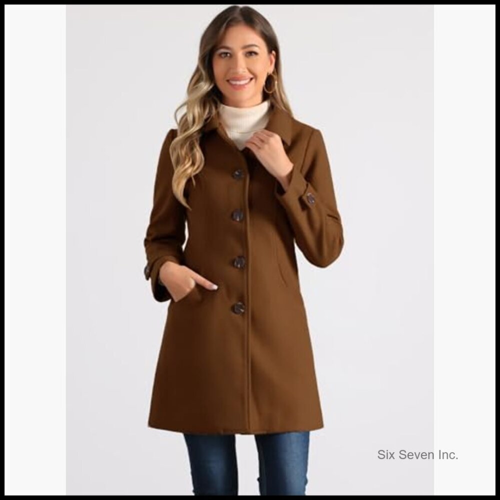 Polyester Blend Pea Coat with Fleece Lining, Peter Pan Collar, A-Line - Picture 2 of 5